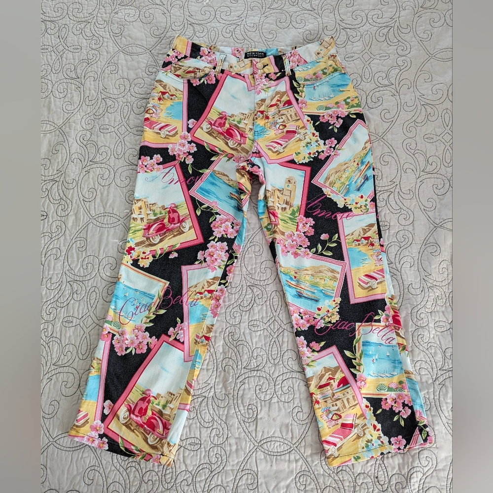 New York & Company Floral Scenic Cropped Pants in Black, Pink, Blue, Yellow